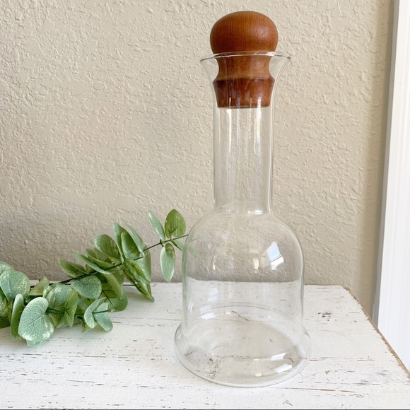 Vintage 1970s Dansk Glass and Teak Wood Carafe Bottle Decanter